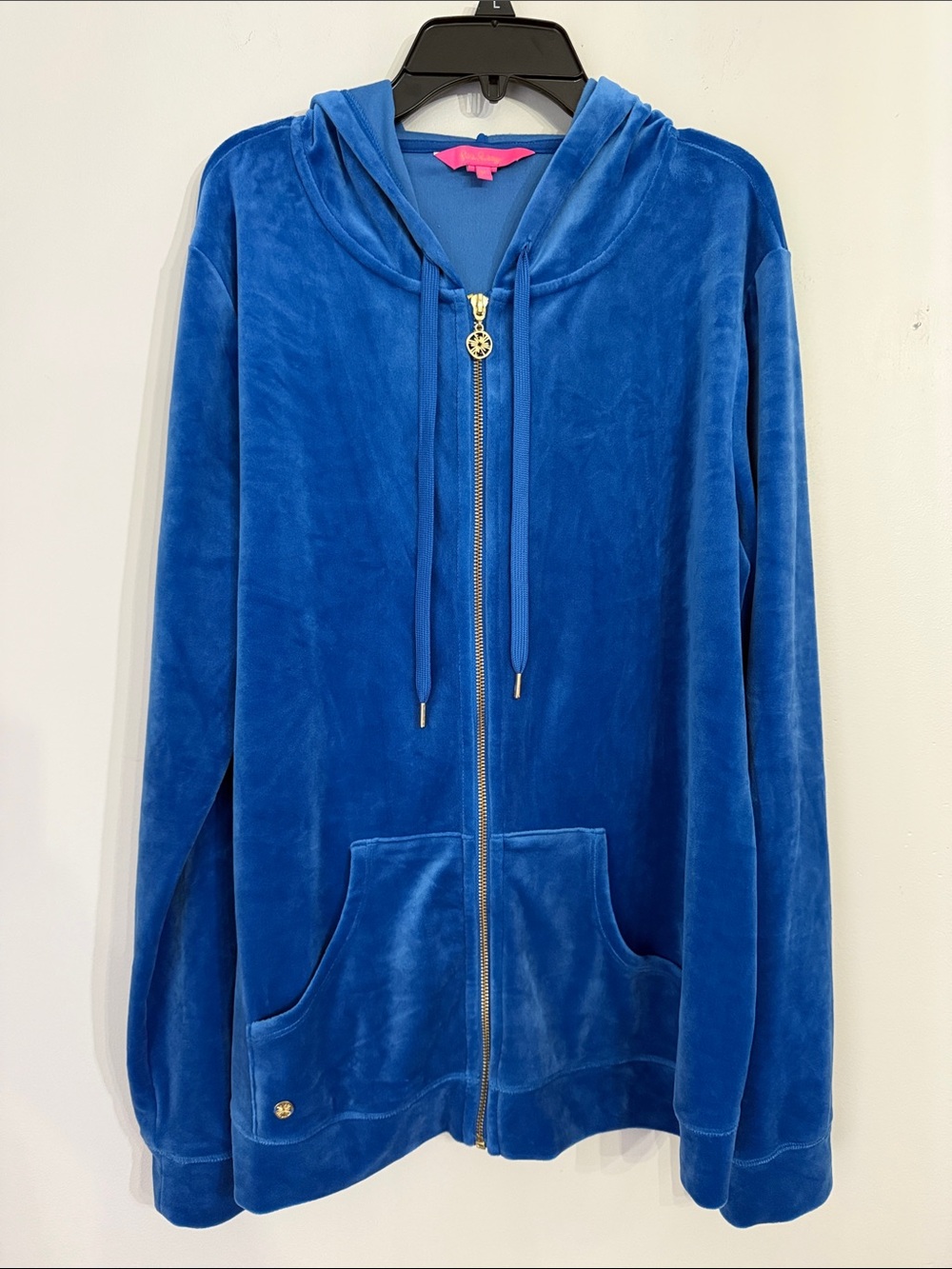 Lilly Pulitzer Size XL Velour Blue Zipper Jacket with gold accents